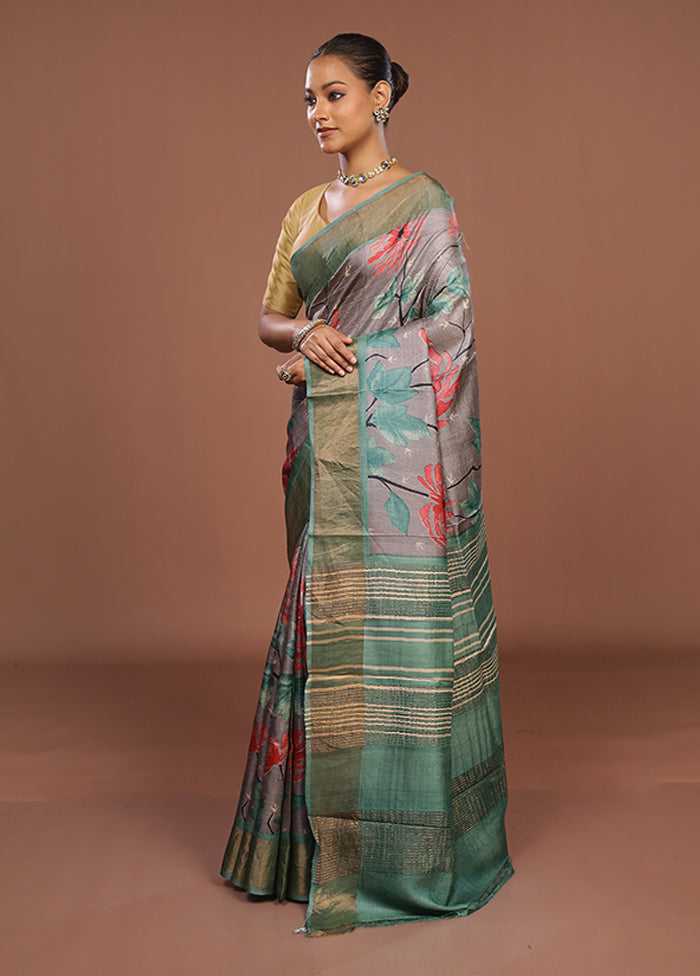 Grey Handloom Tussar Pure Silk Saree With Blouse Piece
