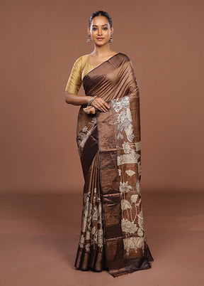 Cream Handloom Tussar Pure Silk Saree With Blouse Piece