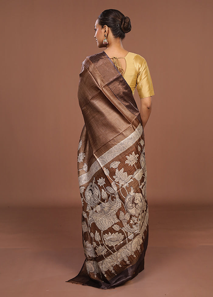 Cream Handloom Tussar Pure Silk Saree With Blouse Piece