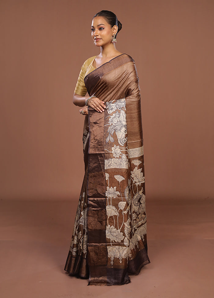 Cream Handloom Tussar Pure Silk Saree With Blouse Piece