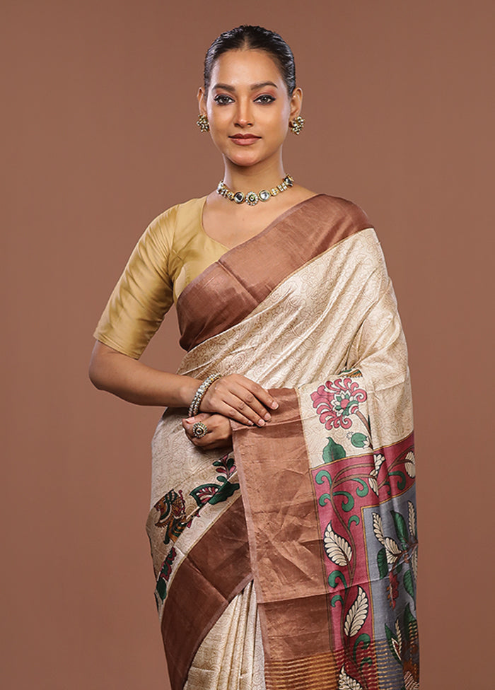 Cream Handloom Tussar Pure Silk Saree With Blouse Piece
