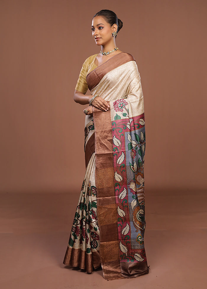 Cream Handloom Tussar Pure Silk Saree With Blouse Piece
