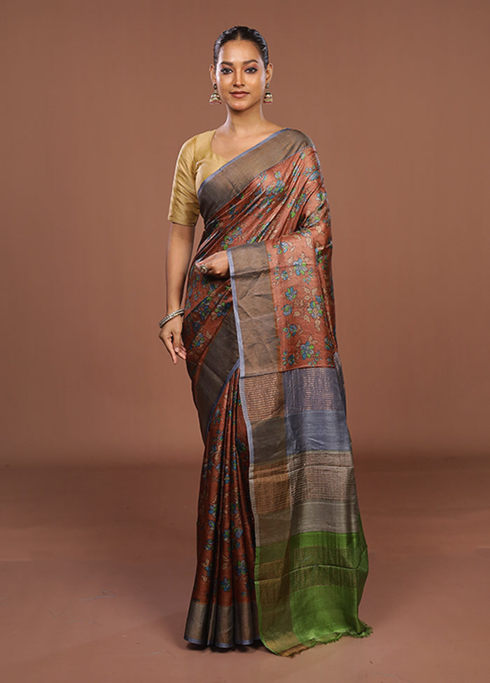 Rust Handloom Tussar Pure Silk Saree With Blouse Piece