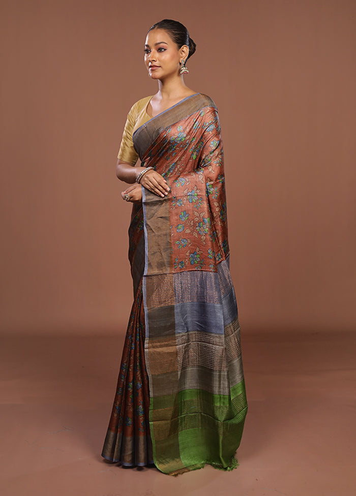 Rust Handloom Tussar Pure Silk Saree With Blouse Piece