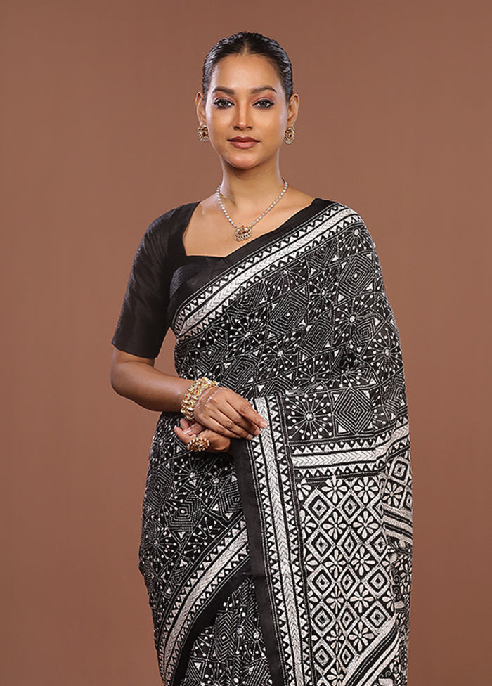 Black Handloom Kantha Stitch Pure Silk Saree With Blouse Piece