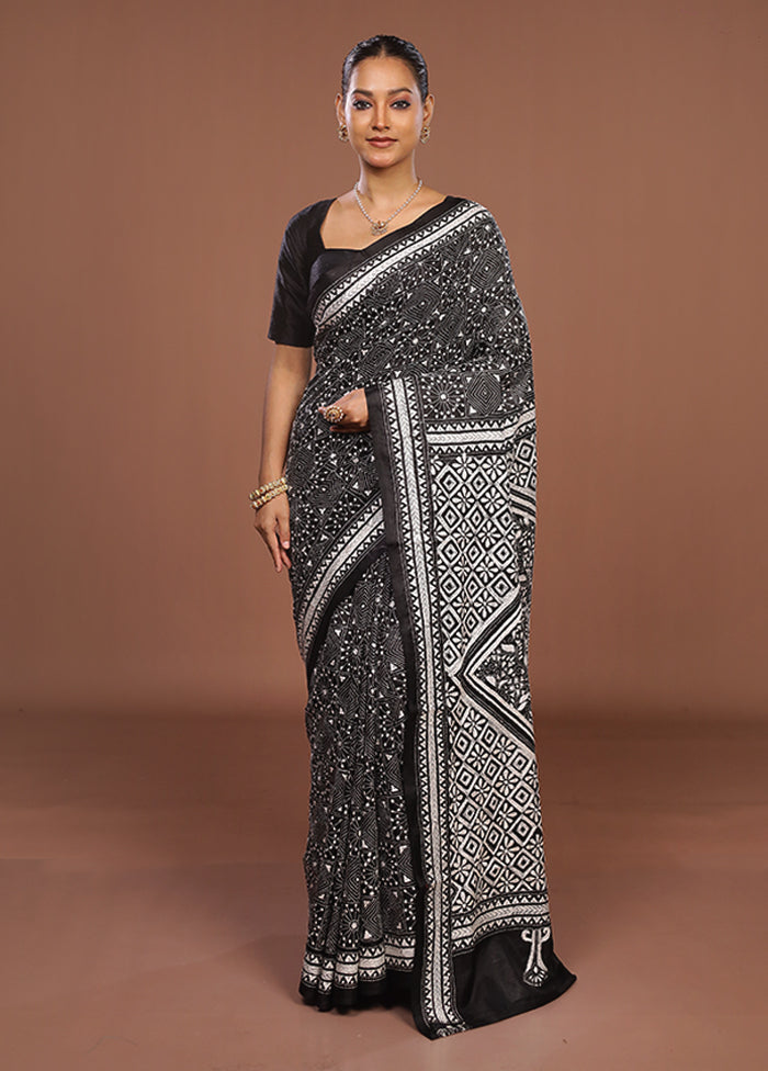 Black Handloom Kantha Stitch Pure Silk Saree With Blouse Piece