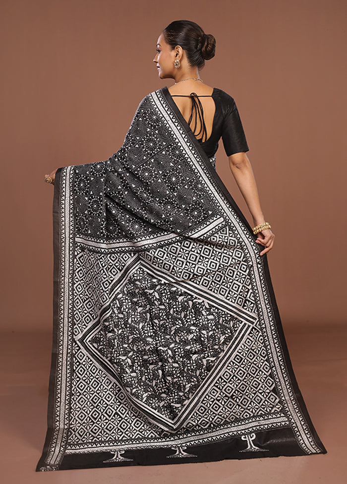 Black Handloom Kantha Stitch Pure Silk Saree With Blouse Piece