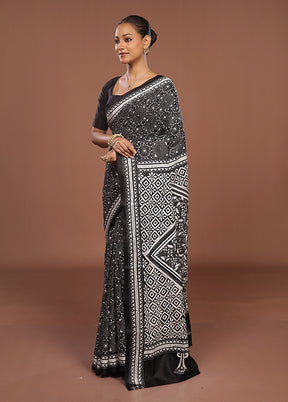 Black Handloom Kantha Stitch Pure Silk Saree With Blouse Piece