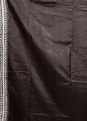 Black Handloom Kantha Stitch Pure Silk Saree With Blouse Piece