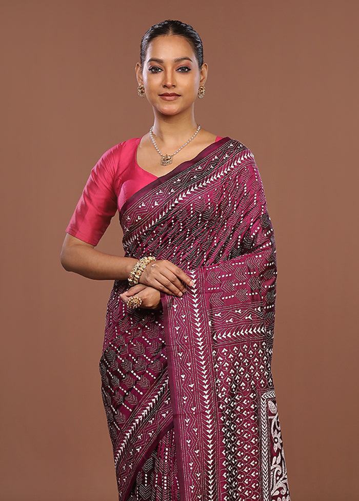 Purple Handloom Kantha Stitch Pure Silk Saree With Blouse Piece