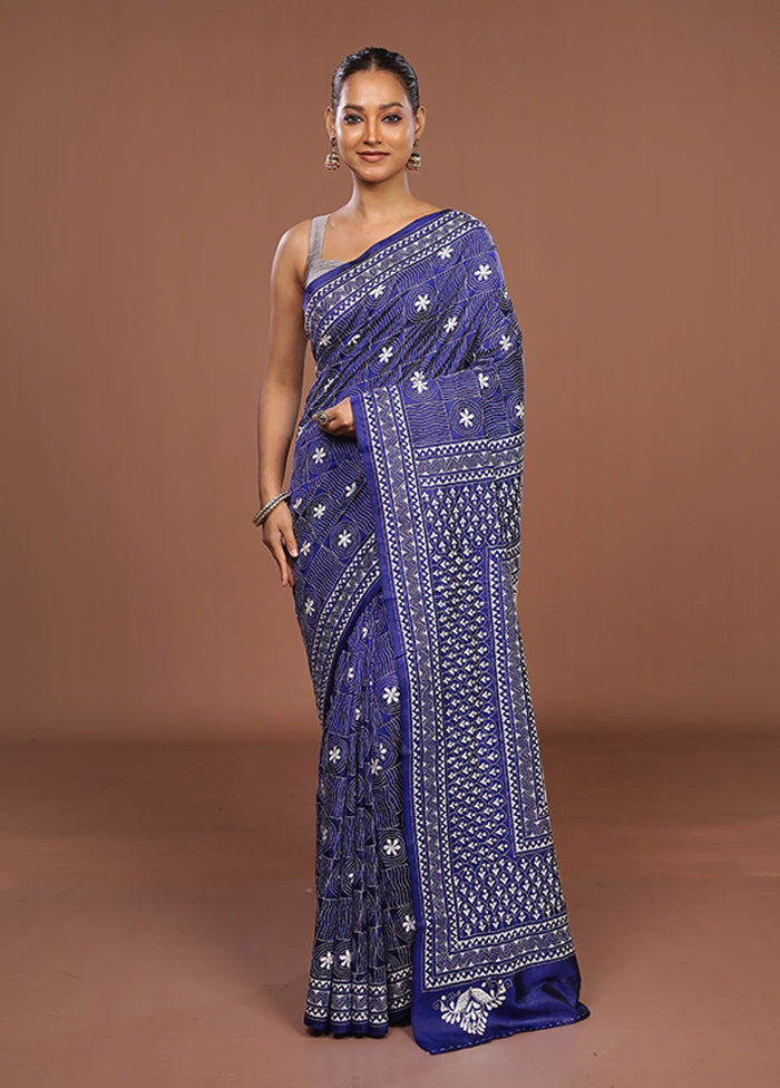 Blue Handloom Kantha Stitch Pure Silk Saree With Blouse Piece