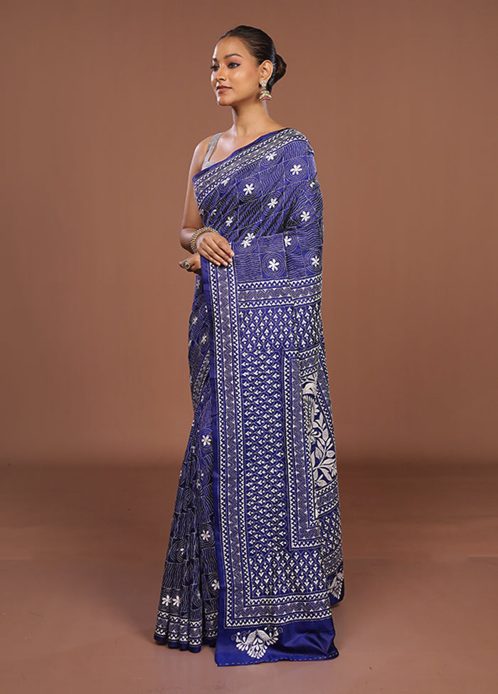 Blue Handloom Kantha Stitch Pure Silk Saree With Blouse Piece