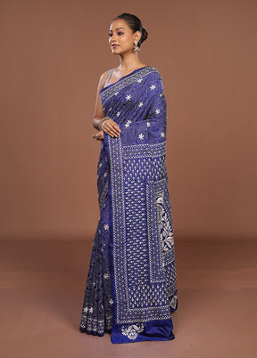 Blue Handloom Kantha Stitch Pure Silk Saree With Blouse Piece