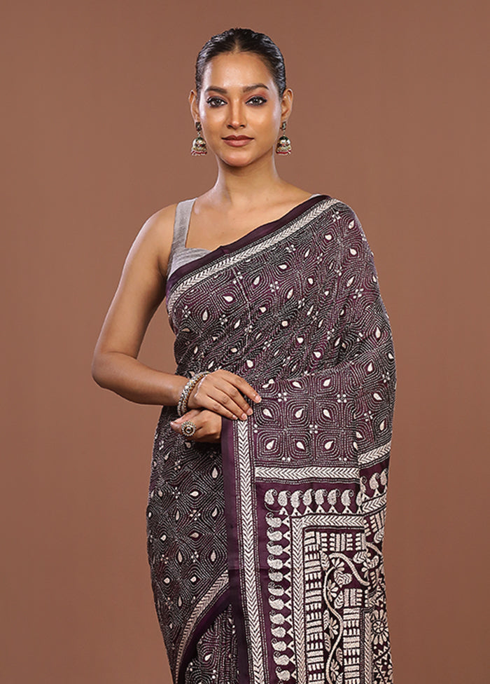 Purple Handloom Kantha Stitch Pure Silk Saree With Blouse Piece