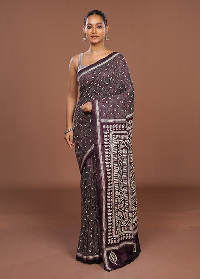 Purple Handloom Kantha Stitch Pure Silk Saree With Blouse Piece