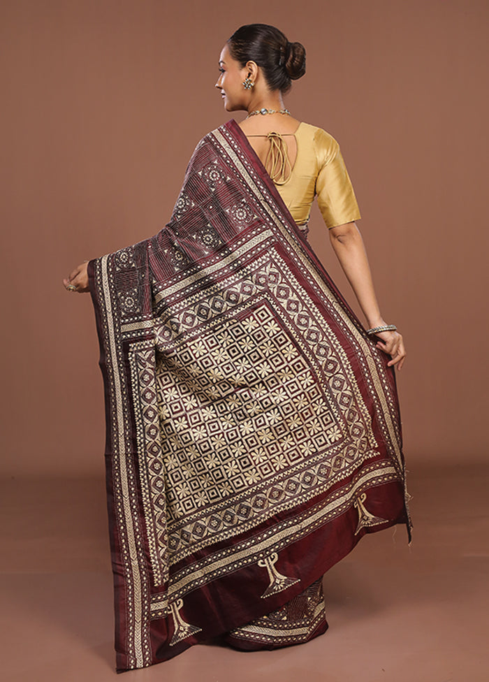 Maroon Handloom Kantha Stitch Pure Silk Saree With Blouse Piece