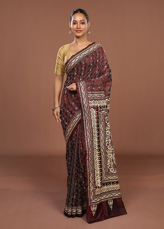 Maroon Handloom Kantha Stitch Pure Silk Saree With Blouse Piece
