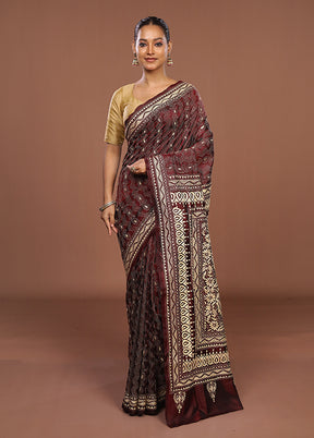 Maroon Handloom Kantha Stitch Pure Silk Saree With Blouse Piece
