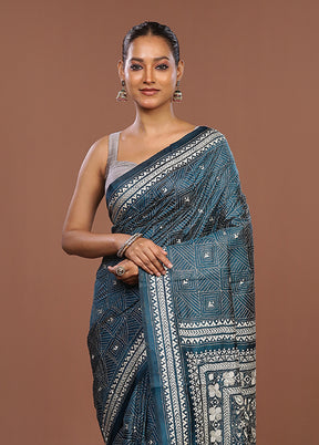 Green Handloom Kantha Stitch Pure Silk Saree With Blouse Piece