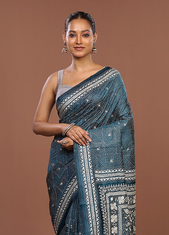 Green Handloom Kantha Stitch Pure Silk Saree With Blouse Piece