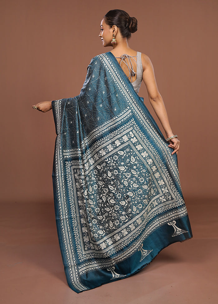 Green Handloom Kantha Stitch Pure Silk Saree With Blouse Piece