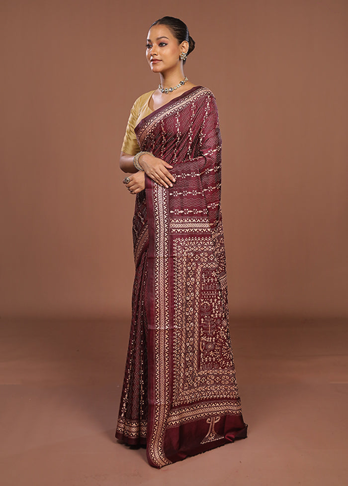 Maroon Handloom Kantha Stitch Pure Silk Saree With Blouse Piece