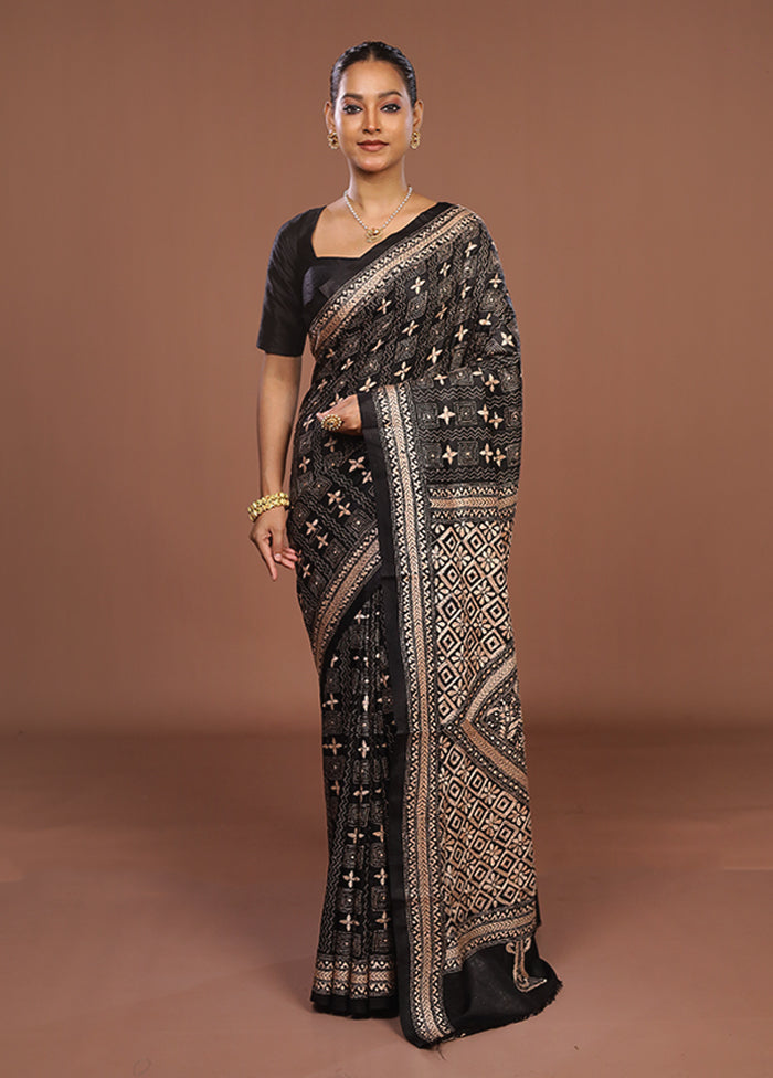 Black Handloom Kantha Stitch Pure Silk Saree With Blouse Piece