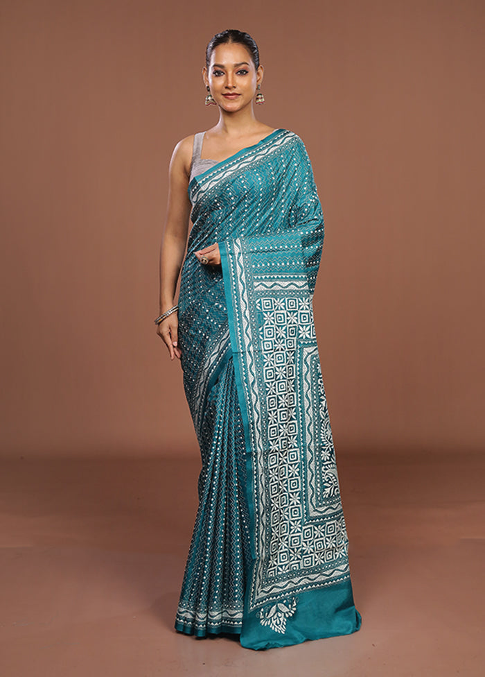 Green Handloom Kantha Stitch Pure Silk Saree With Blouse Piece