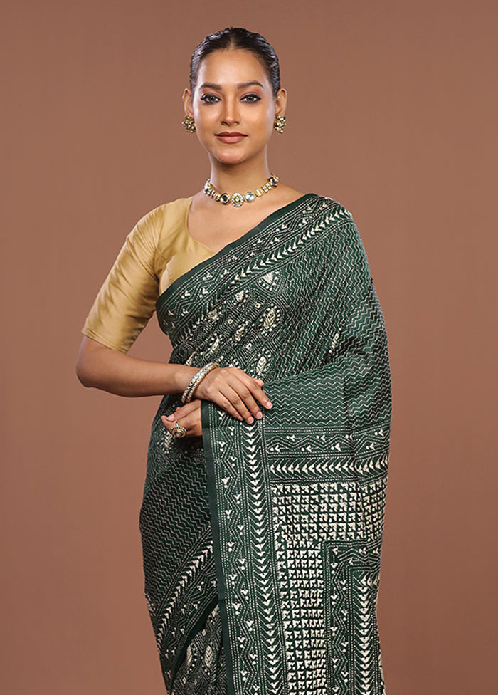Green Handloom Kantha Stitch Pure Silk Saree With Blouse Piece