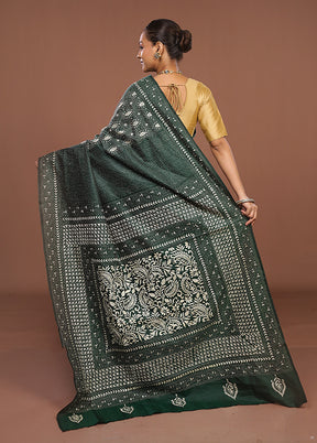 Green Handloom Kantha Stitch Pure Silk Saree With Blouse Piece