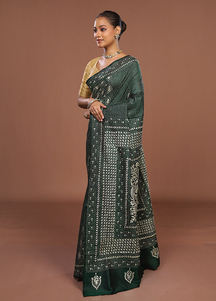 Green Handloom Kantha Stitch Pure Silk Saree With Blouse Piece