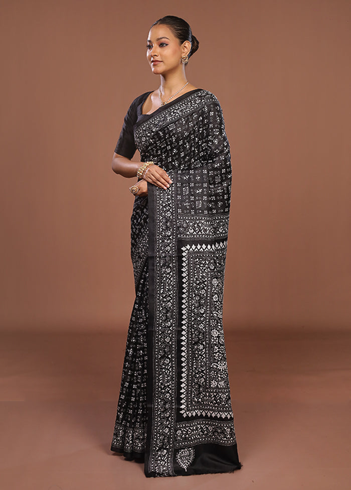 Black Handloom Kantha Stitch Pure Silk Saree With Blouse Piece