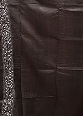 Black Handloom Kantha Stitch Pure Silk Saree With Blouse Piece