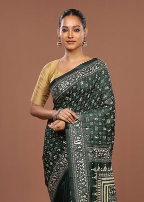 Green Handloom Kantha Stitch Pure Silk Saree With Blouse Piece