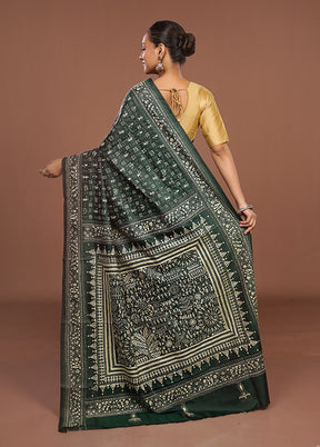 Green Handloom Kantha Stitch Pure Silk Saree With Blouse Piece