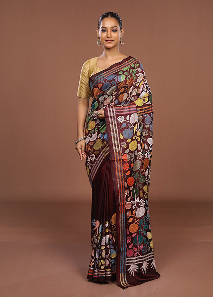 Maroon Handloom Kantha Stitch Pure Silk Saree With Blouse Piece