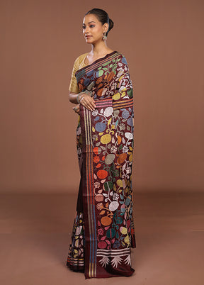 Maroon Handloom Kantha Stitch Pure Silk Saree With Blouse Piece