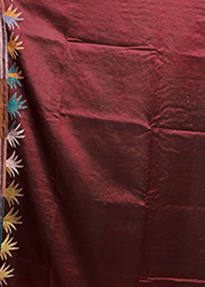 Maroon Handloom Kantha Stitch Pure Silk Saree With Blouse Piece