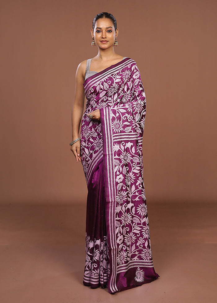 Purple Handloom Kantha Stitch Pure Silk Saree With Blouse Piece