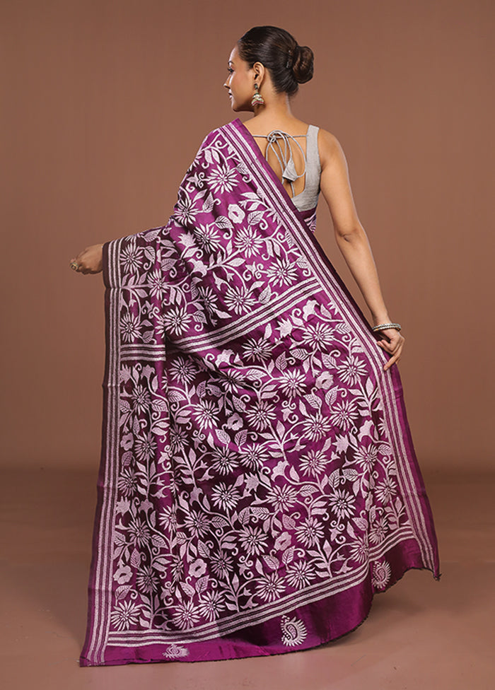 Purple Handloom Kantha Stitch Pure Silk Saree With Blouse Piece