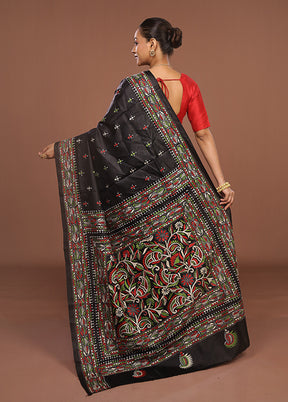 Black Handloom Kantha Stitch Pure Silk Saree With Blouse Piece