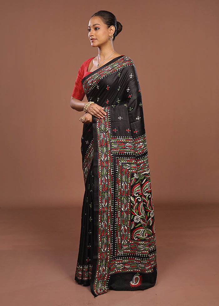 Black Handloom Kantha Stitch Pure Silk Saree With Blouse Piece