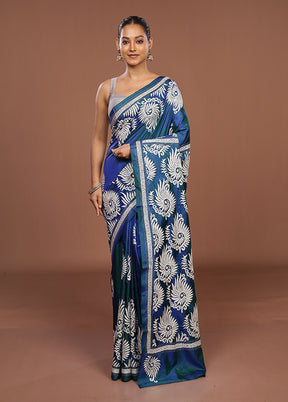 Blue Handloom Kantha Stitch Pure Silk Saree With Blouse Piece