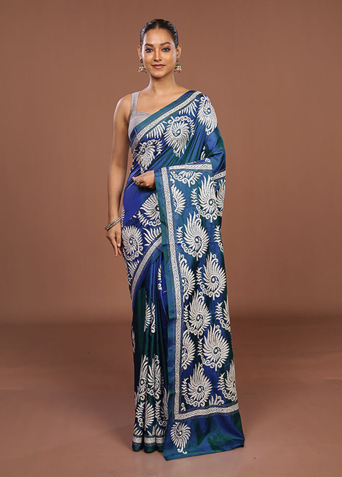 Blue Handloom Kantha Stitch Pure Silk Saree With Blouse Piece