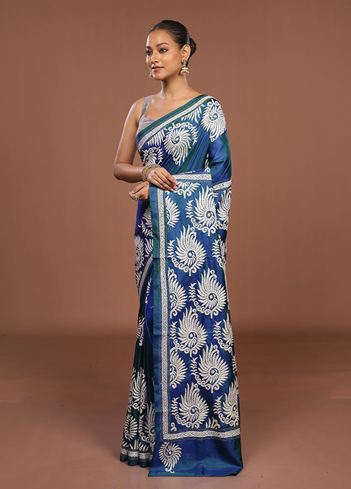 Blue Handloom Kantha Stitch Pure Silk Saree With Blouse Piece