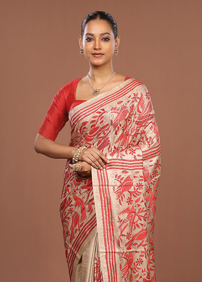 Cream Handloom Kantha Stitch Pure Silk Saree With Blouse Piece