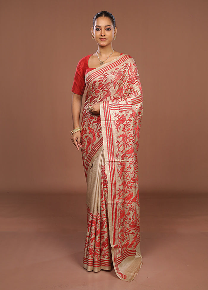 Cream Handloom Kantha Stitch Pure Silk Saree With Blouse Piece
