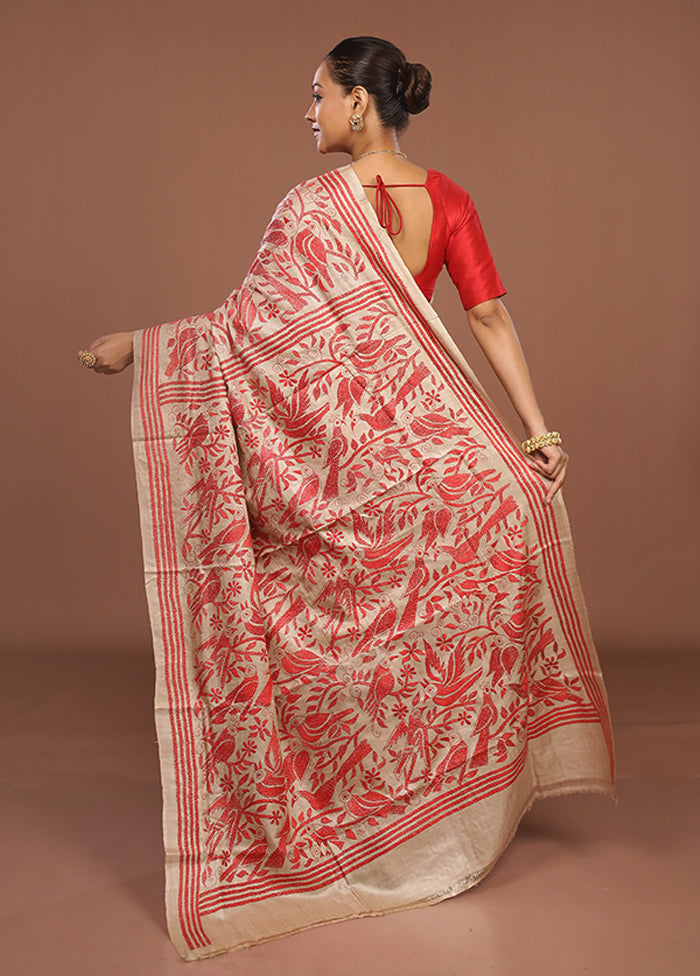 Cream Handloom Kantha Stitch Pure Silk Saree With Blouse Piece