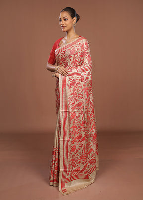 Cream Handloom Kantha Stitch Pure Silk Saree With Blouse Piece