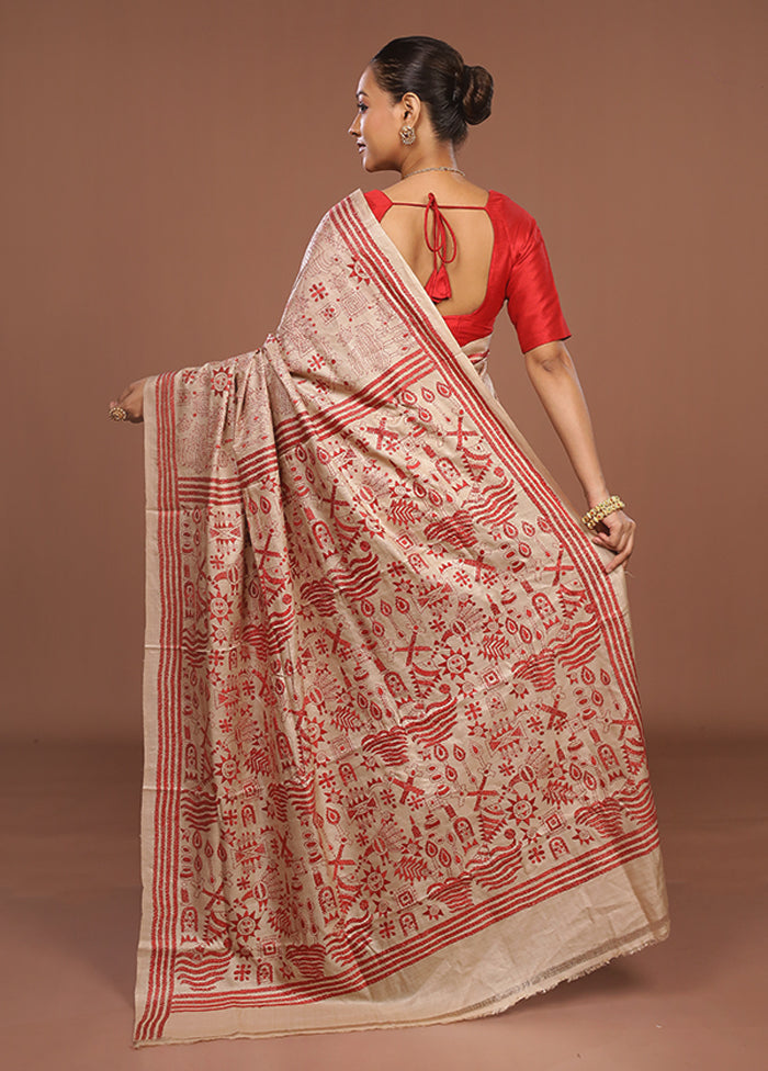 Cream Handloom Kantha Stitch Pure Silk Saree With Blouse Piece